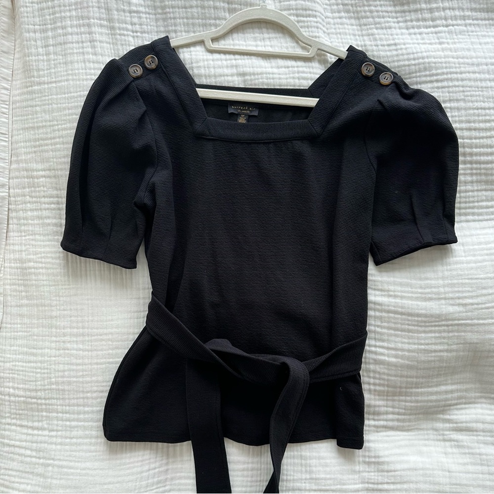 Anthropologie Current Air Small Petite Black Blouse Puffed Sleeve